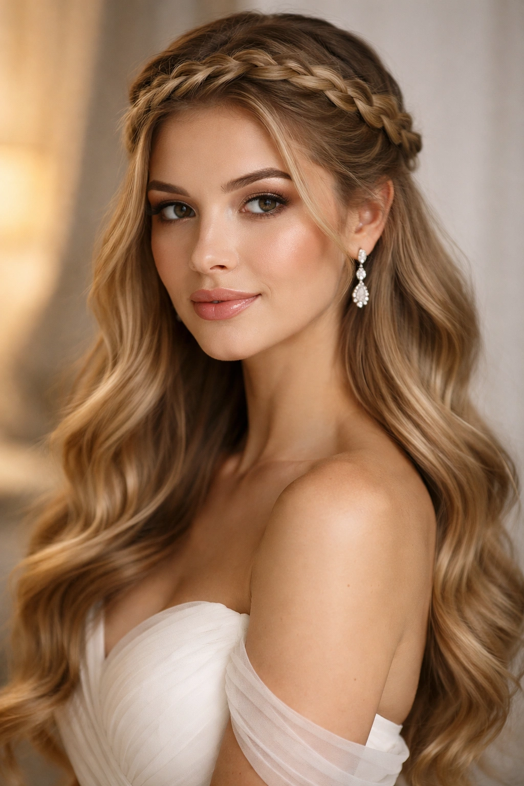 Portrait of hair with a crown braid across the top and loose waves