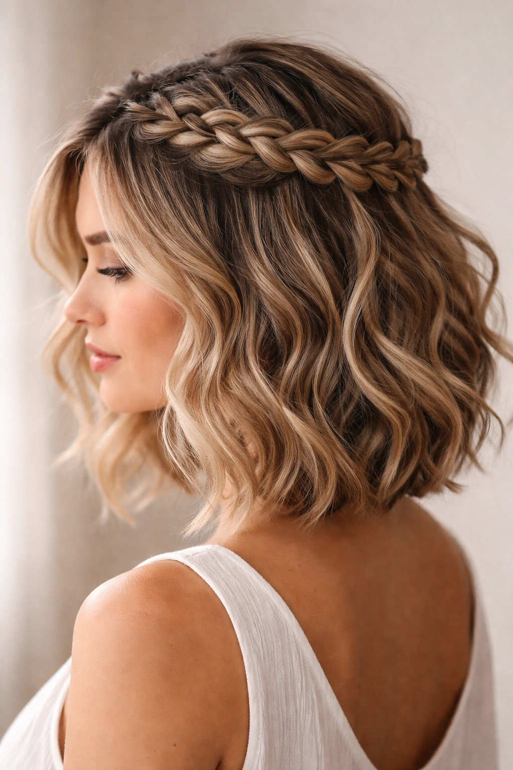 Dutch braid crown across the top of a wavy bob, texture visible.
