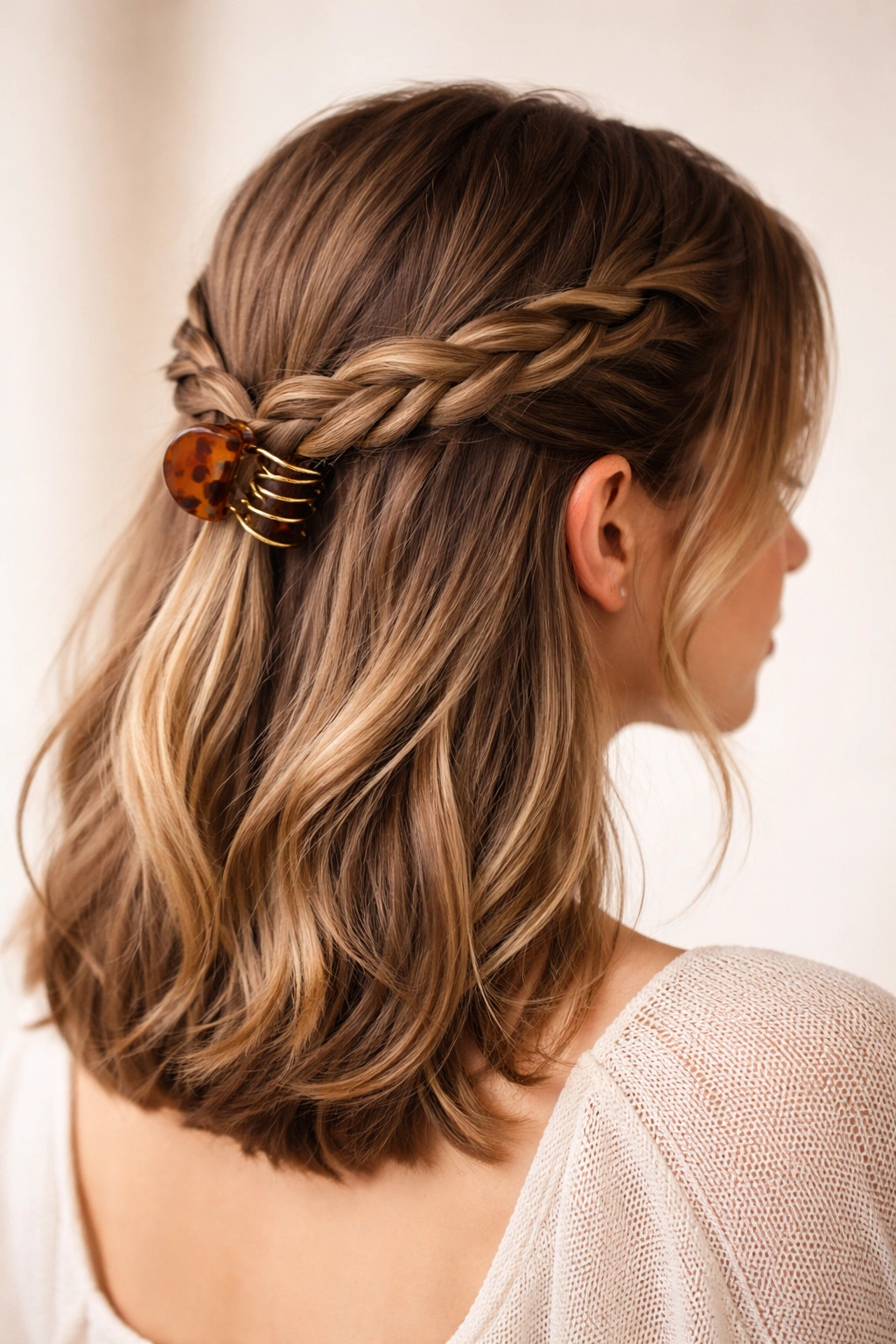 Loose braid crossing the back secured by a clip at the opposite ear