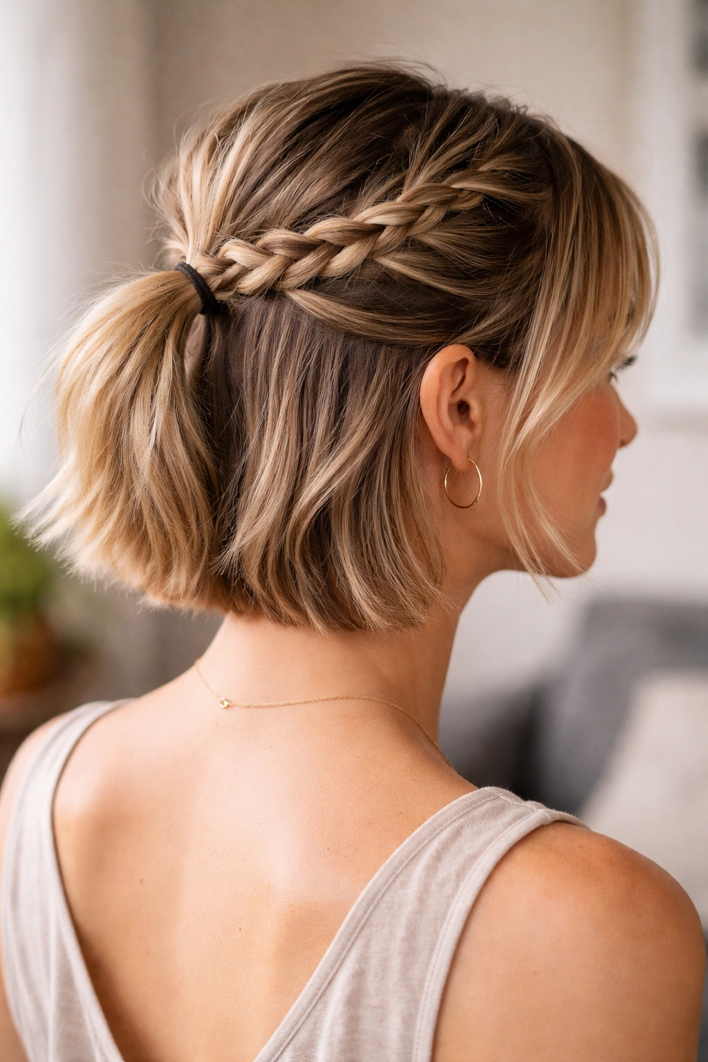Close-up of short hair with a small crown braid integrated into a half-up