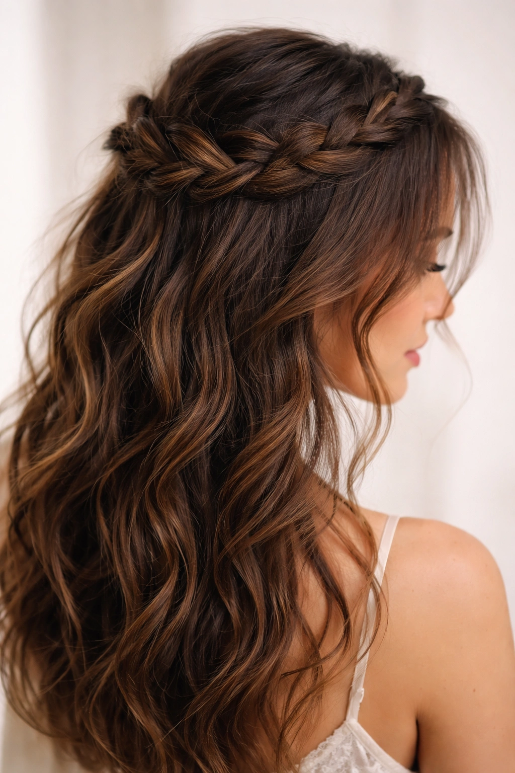 Loose braid crown on brown hair with soft, undone strands