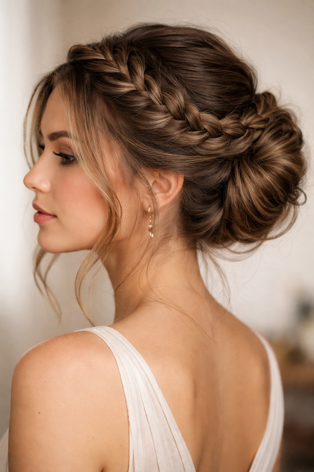 Braided crown updo with multiple braids around the head and a bun