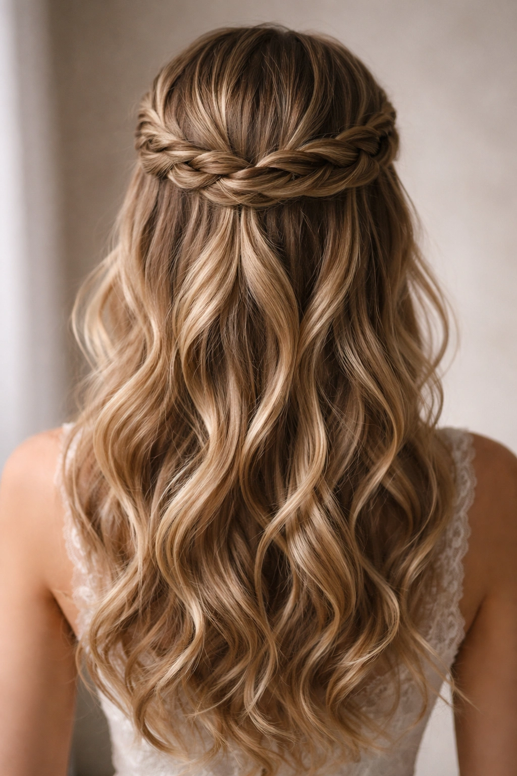 Close-up of twisted crown braid with loose waves surrounding the head in a halo-like formal hairstyle