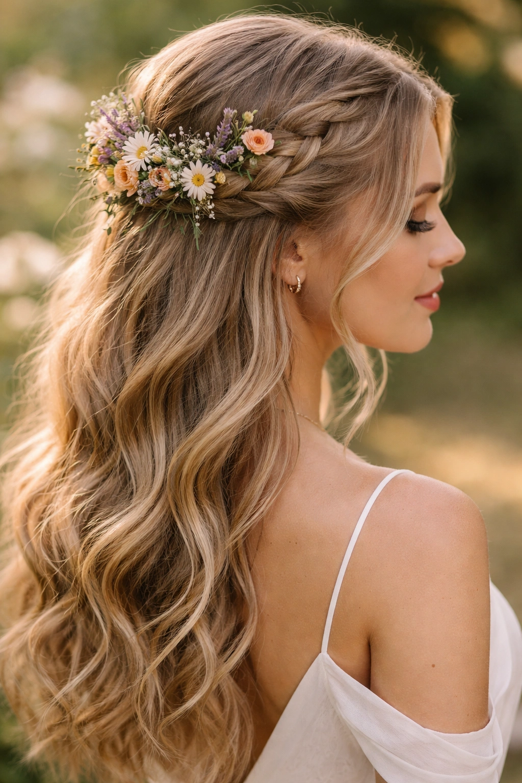 Loosely braided crown with wildflowers woven through the back of the head.