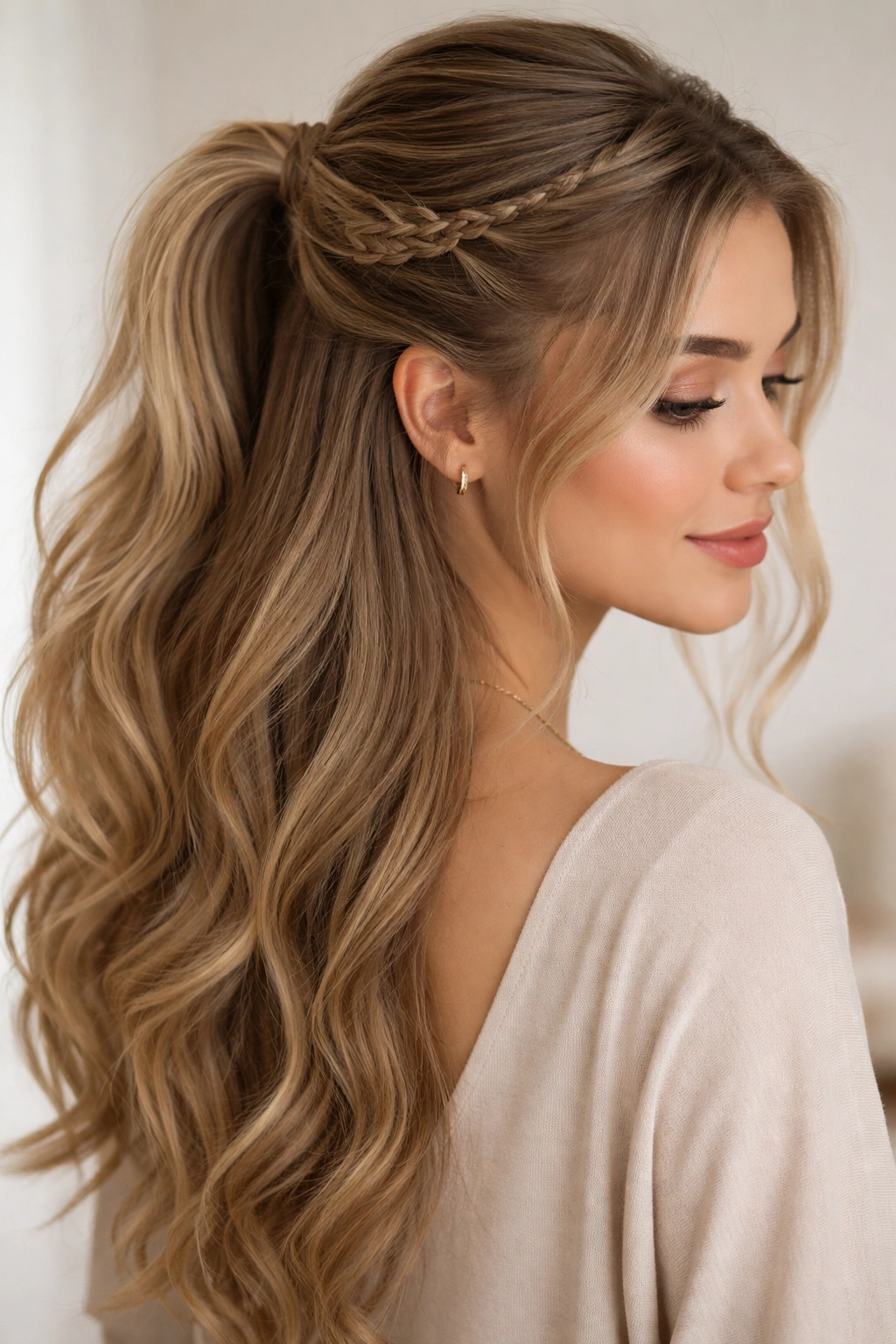 Close-up of a half-up hairstyle featuring a delicate decorative braid