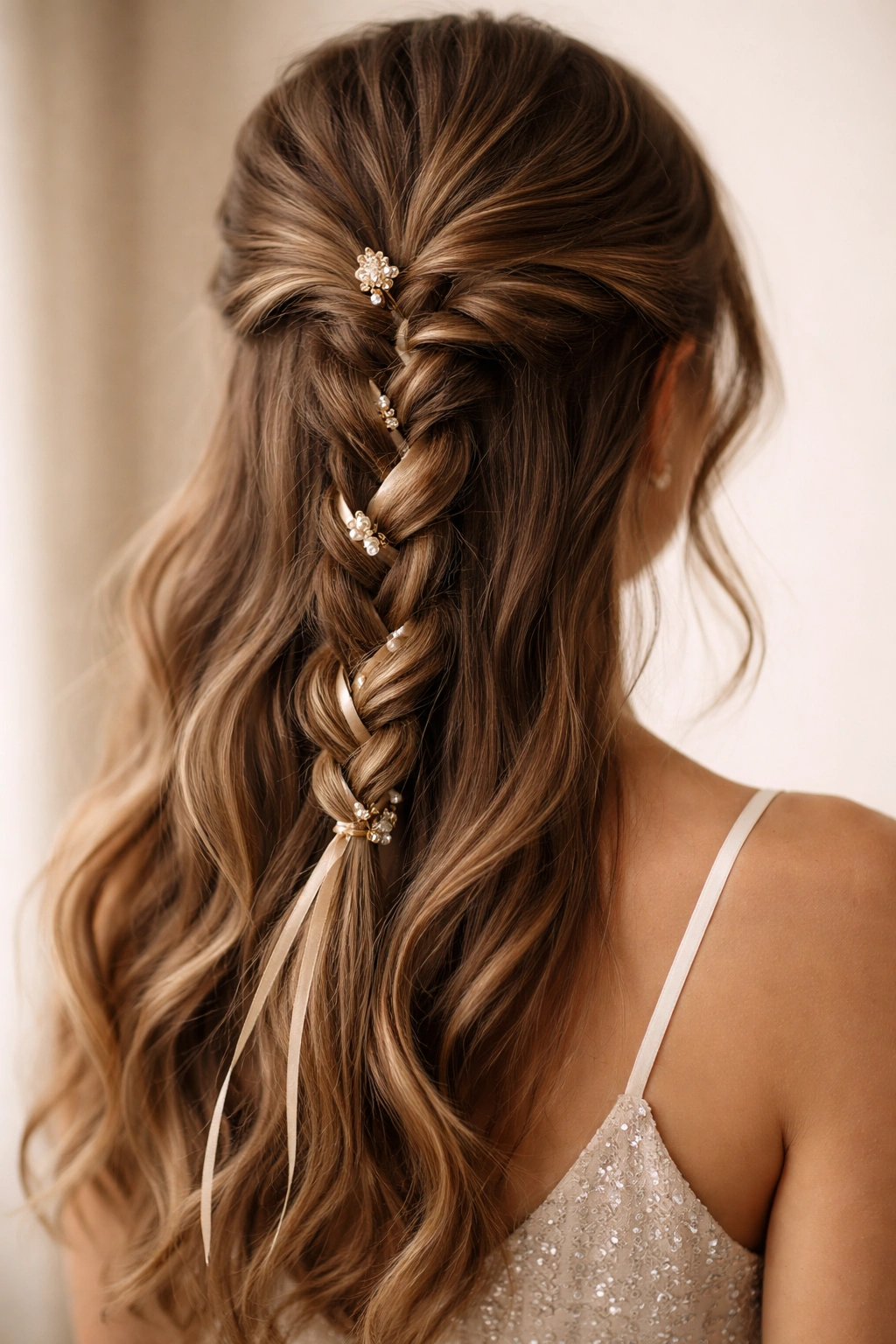 Braided half-up with metallic hair cuffs and ribbon woven through