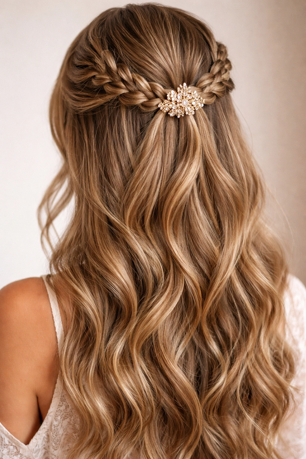 Half-up hairstyle featuring a Dutch or French braid and a decorative pin