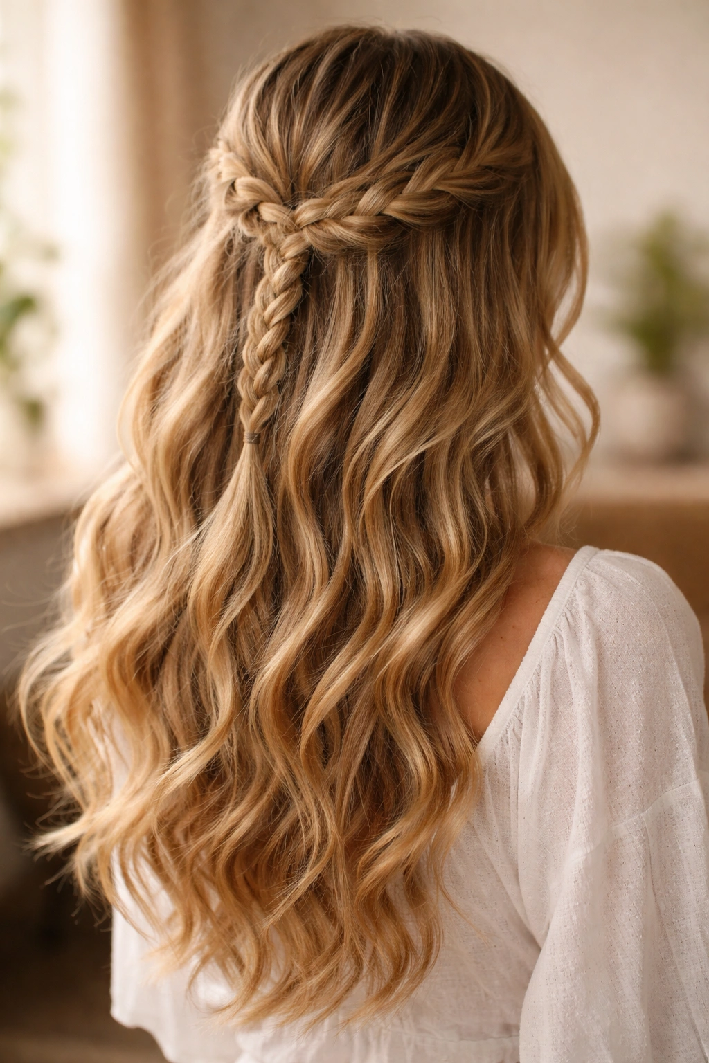 Three-strand braid half-up with loose waves in a boho style.