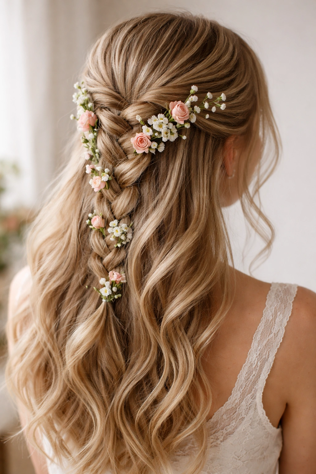 Braided half-up hairstyle with flowers woven into the braid