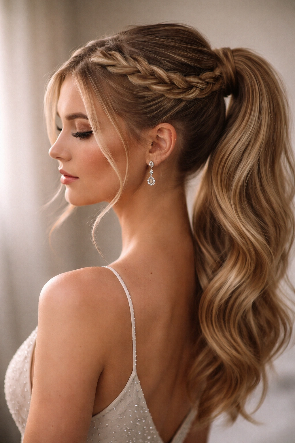 Halo braid around crown with centered ponytail