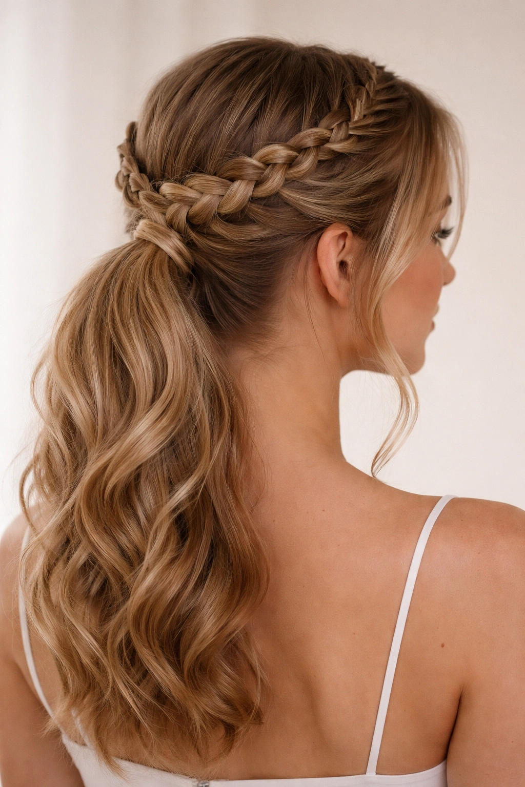 Halo braid crown with center ponytail on shoulder-length hair