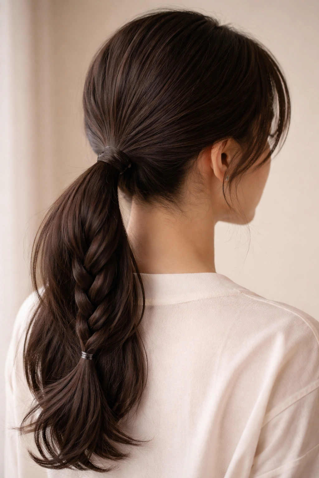 Back view of low ponytail with a three-strand braid detail
