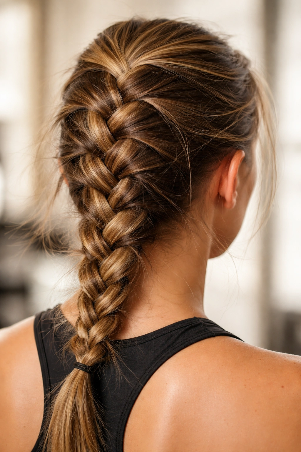 Close-up of a French braid starting too far back with loose sections and flyaways