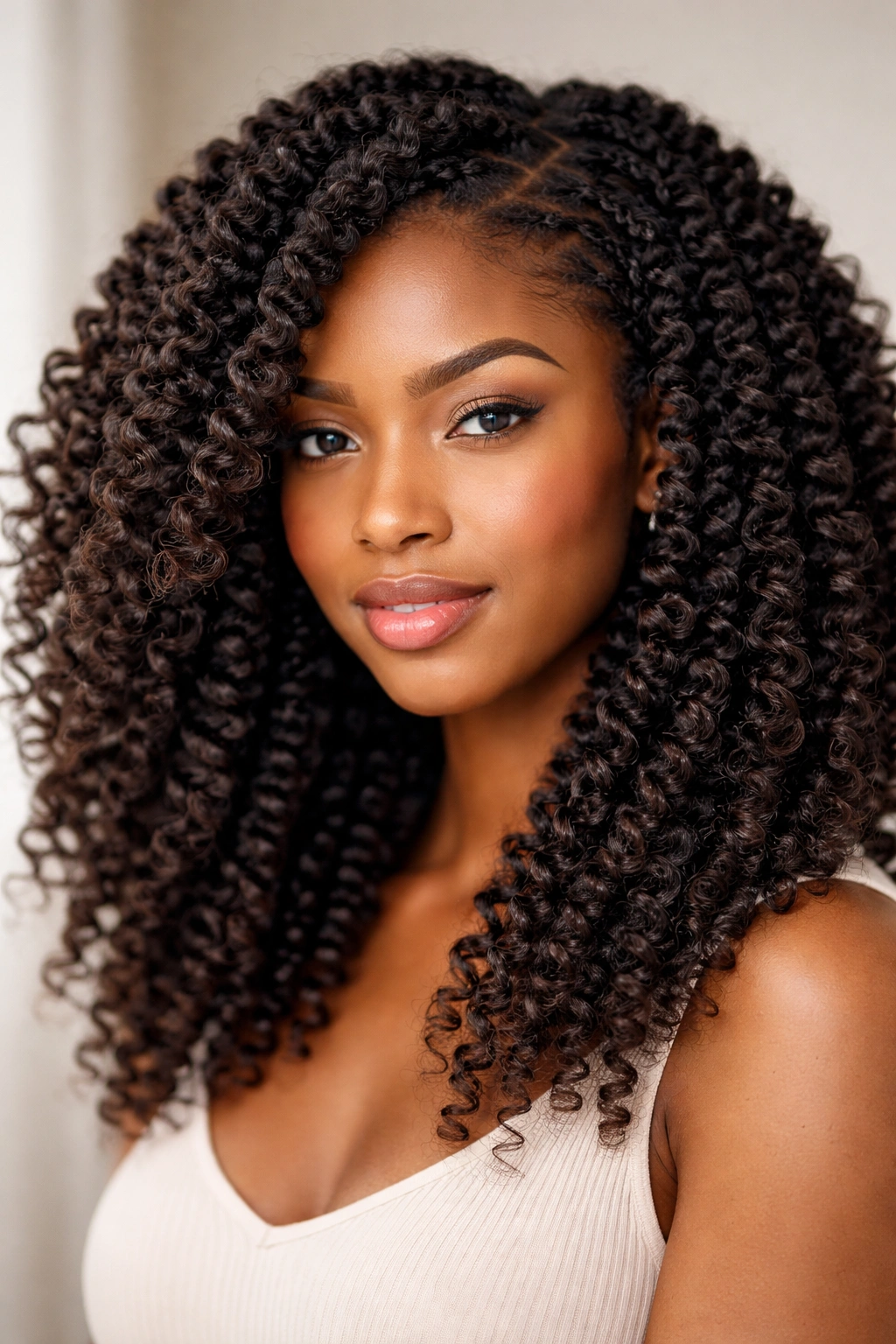Close-up of coily hair with crisp braid-out texture and defined segments