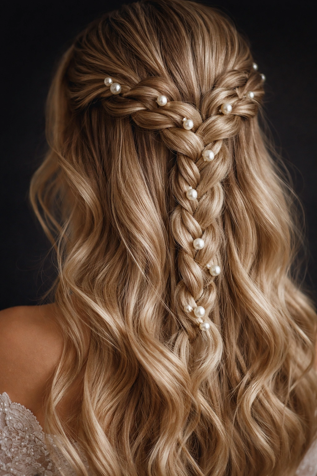 Braided half-up hairstyle with pearls woven through the braid.
