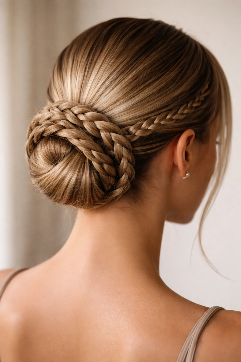 Back view of a sleek updo built from braided strands pinned into a bun