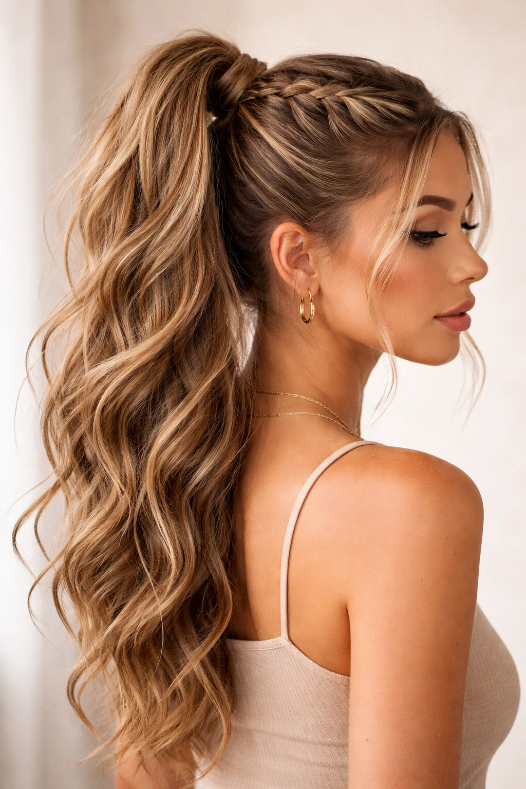 Braided high ponytail with waves texture