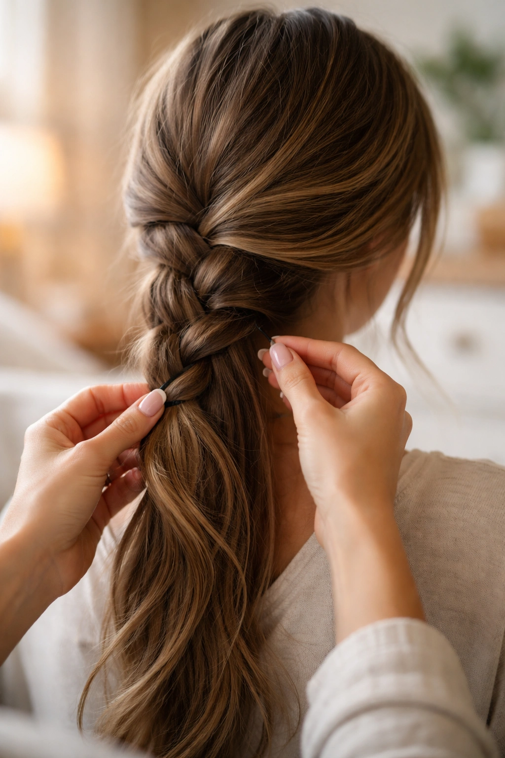Hands carefully taking down a side braided ponytail