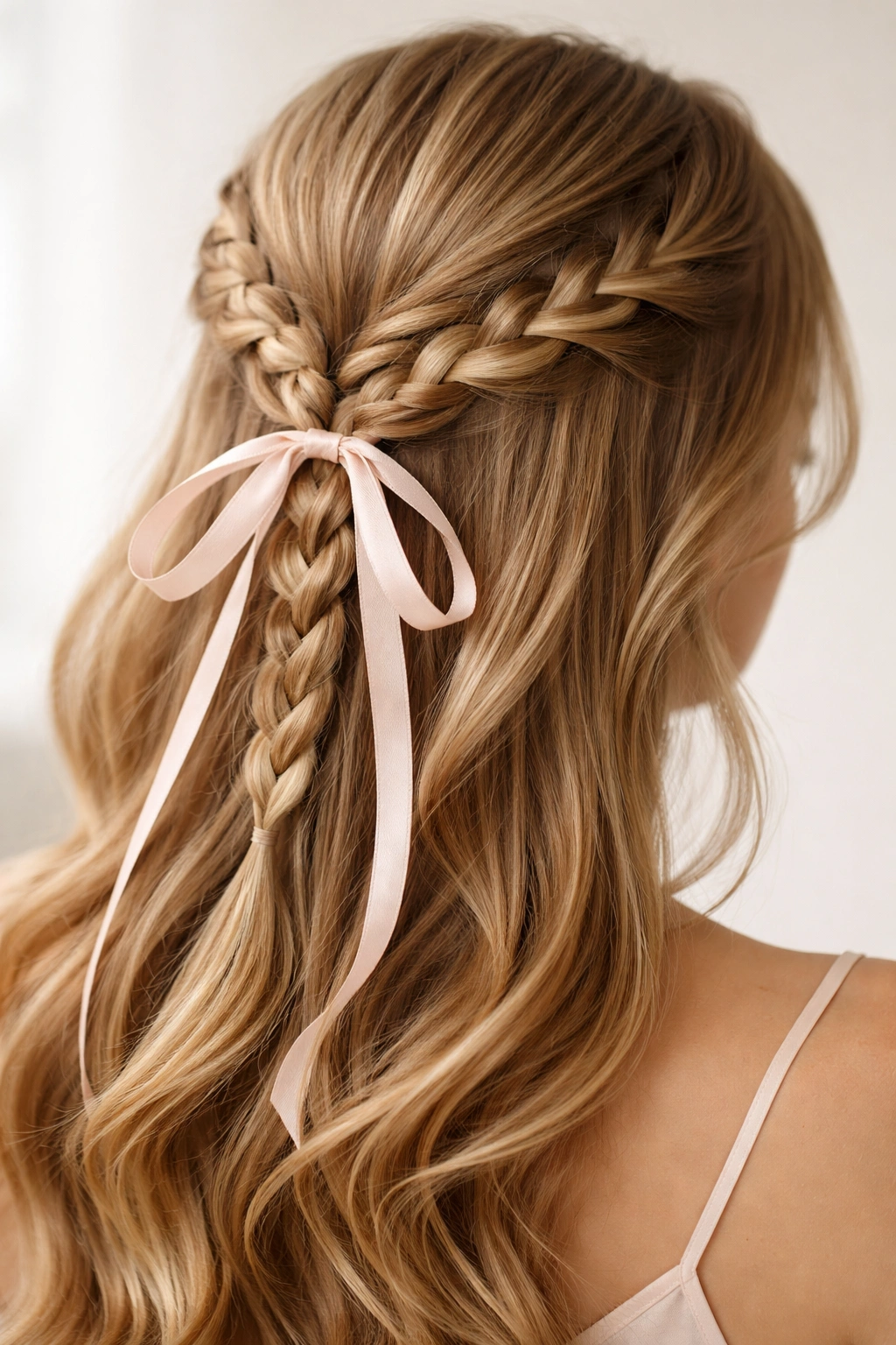Half-up braid with a ribbon woven through