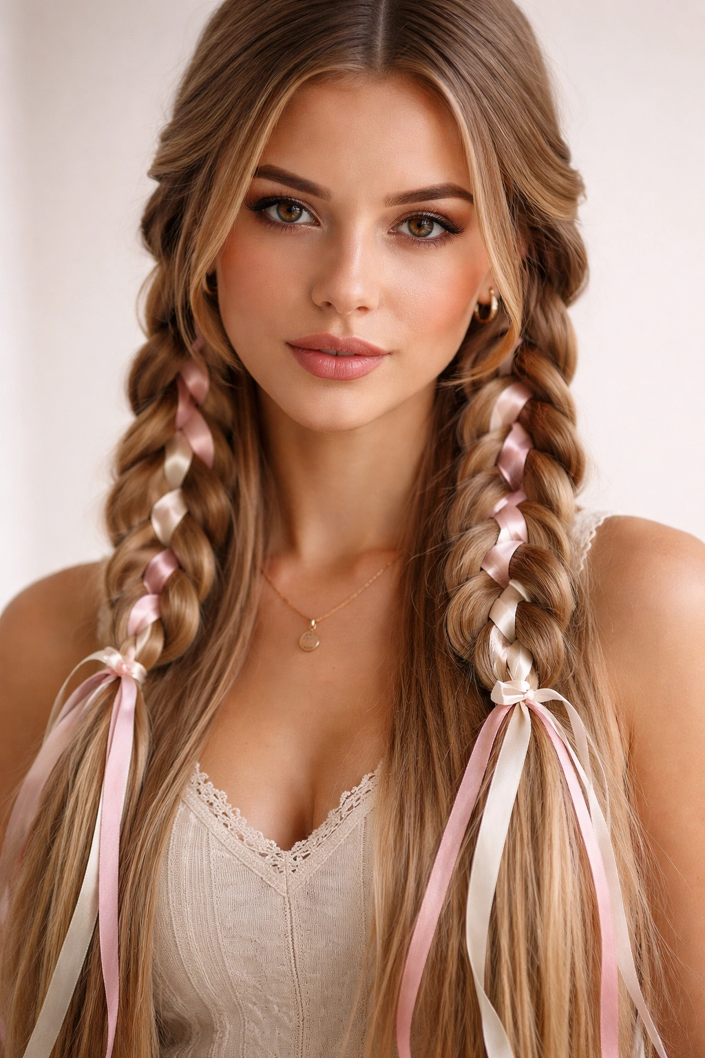 Close-up of two side braids with ribbons woven through them
