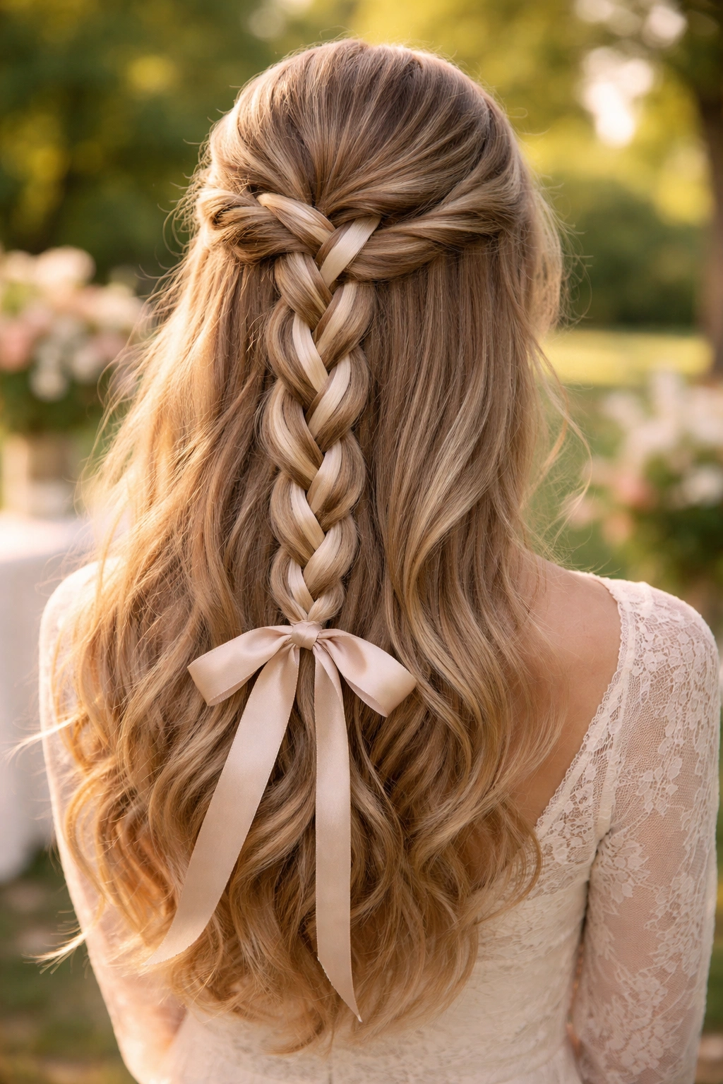 Close-up of a three-strand braid woven with satin ribbon in a half-up hairstyle