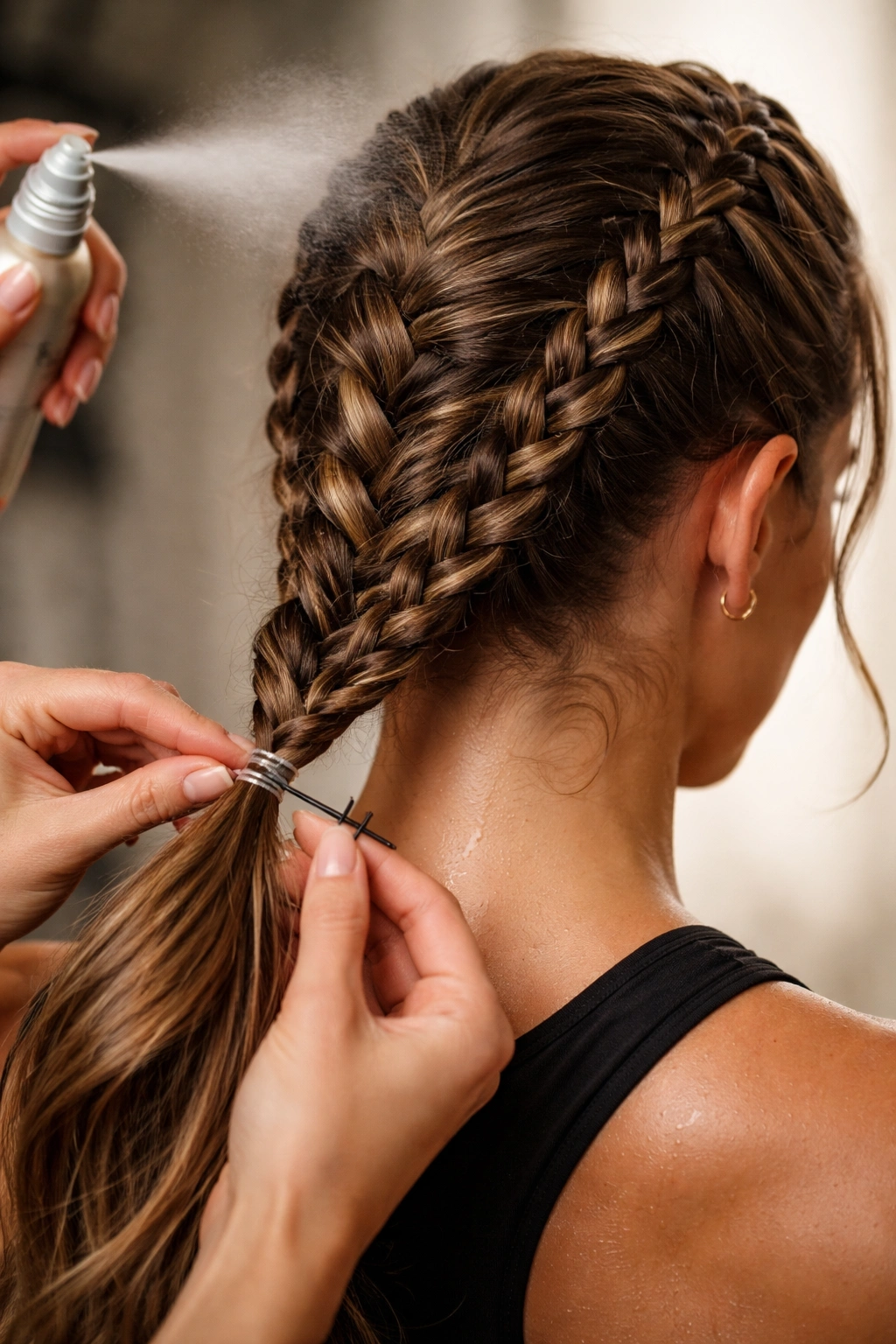 Close-up of hair prep for secure French braids with elastic and pin