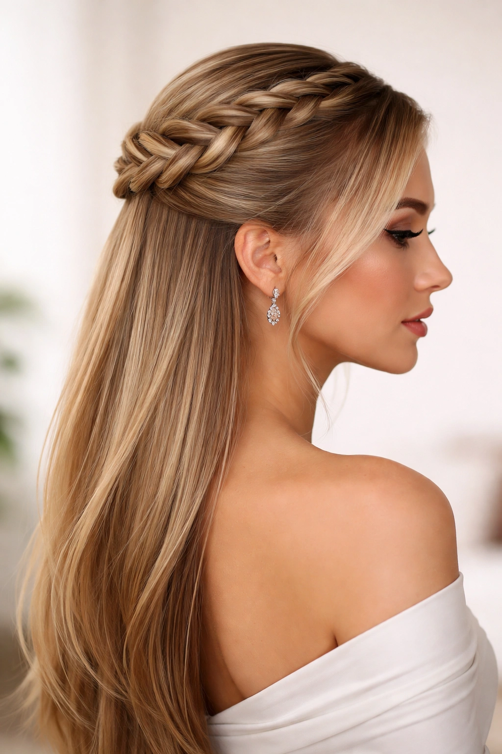 Profile view of a Dutch braid half-up with sleek finish and straight down hair