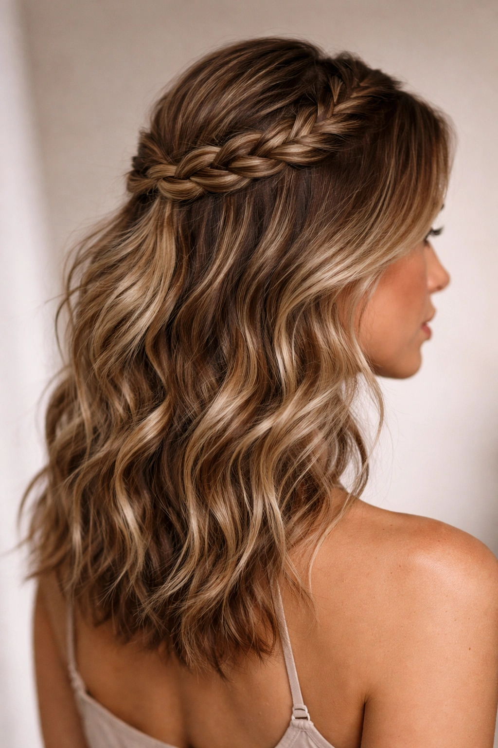 Close-up of textured braided half-up hairstyle on wavy hair, highlighting volume from texture spray