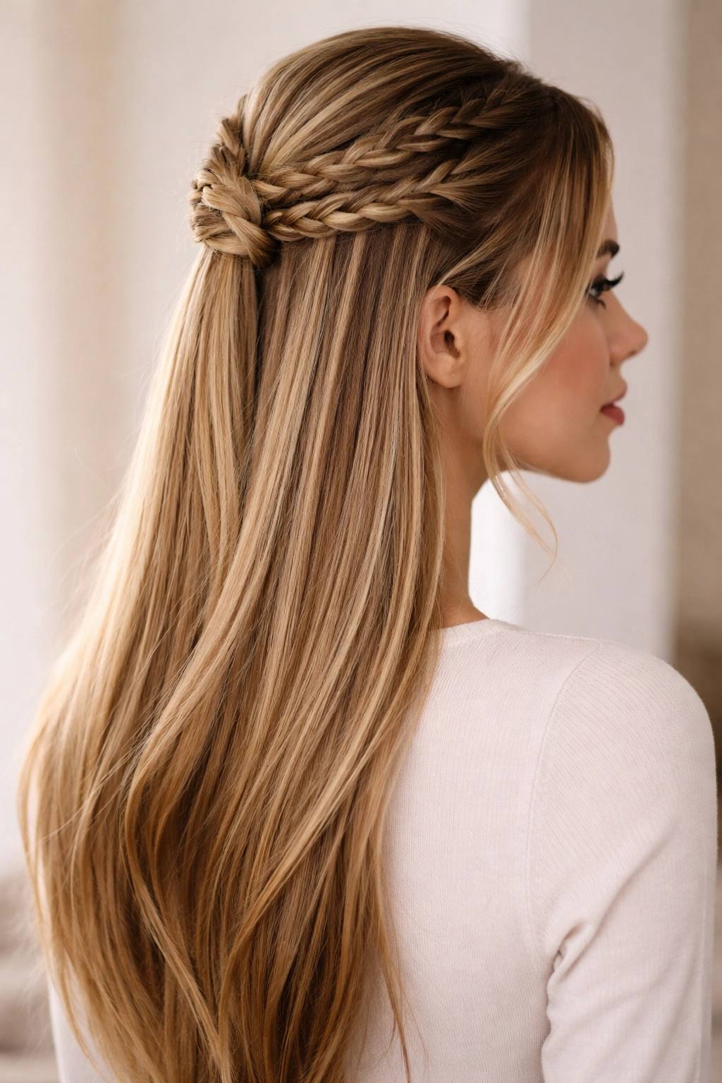 Three-quarter view of a half-up style with braid-threaded top and straight bottom