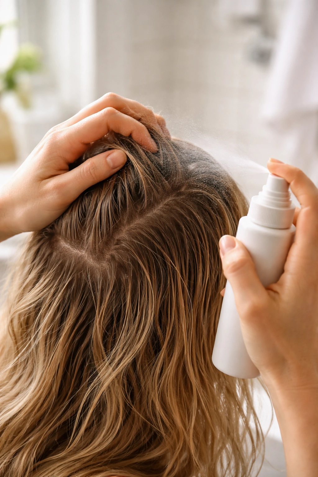 Hands applying texture spray to damp hair for braid prep