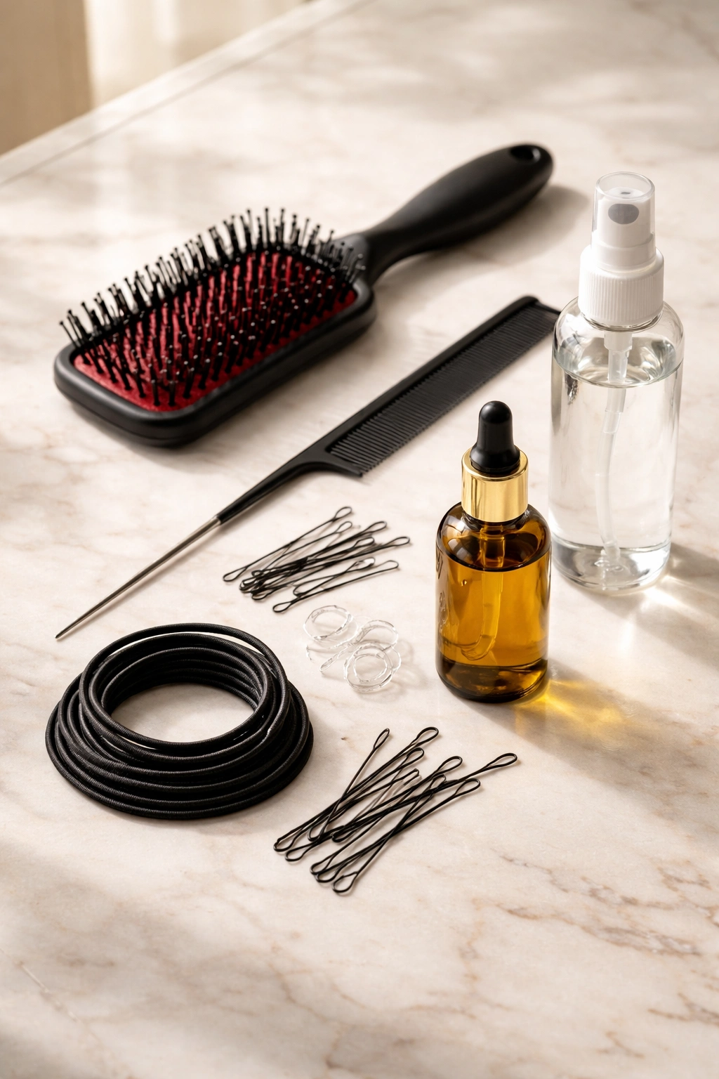 Assorted braiding tools and products arranged for ponytail braids