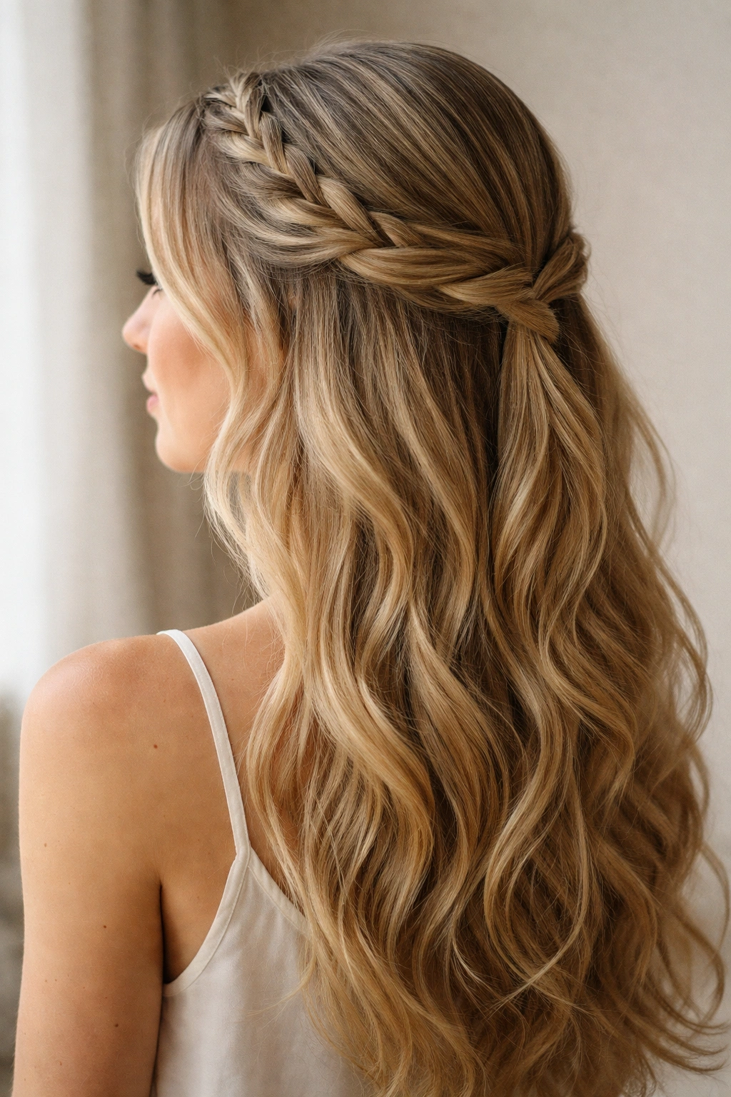 Side view of braid on one side and twist on the other, pulled back