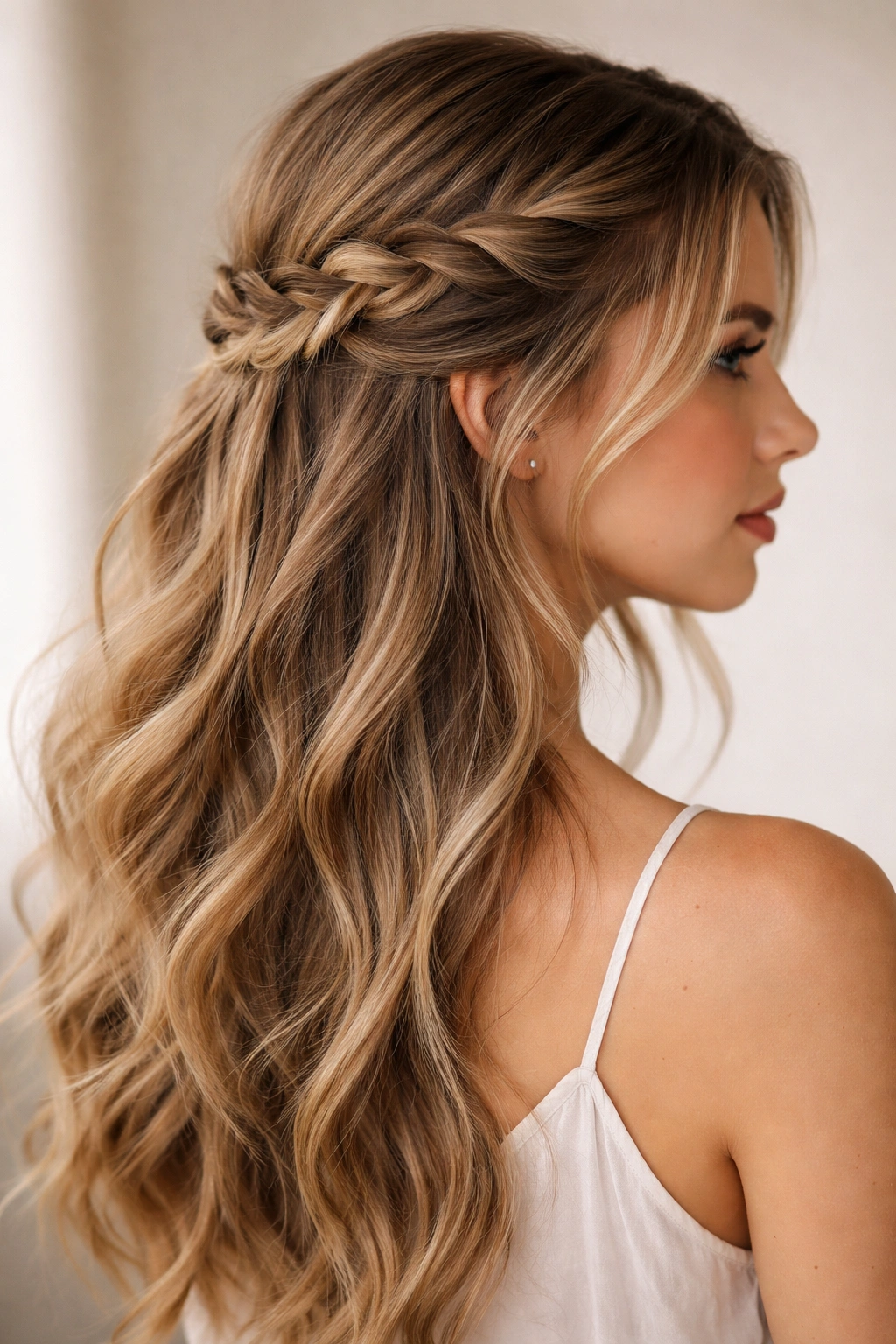 Half-up hairstyle combining a braid and a twist, pinned at back