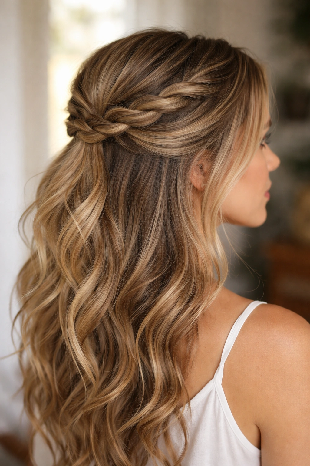 Half-up hairstyle combining a braid on one side and a twist on the other.