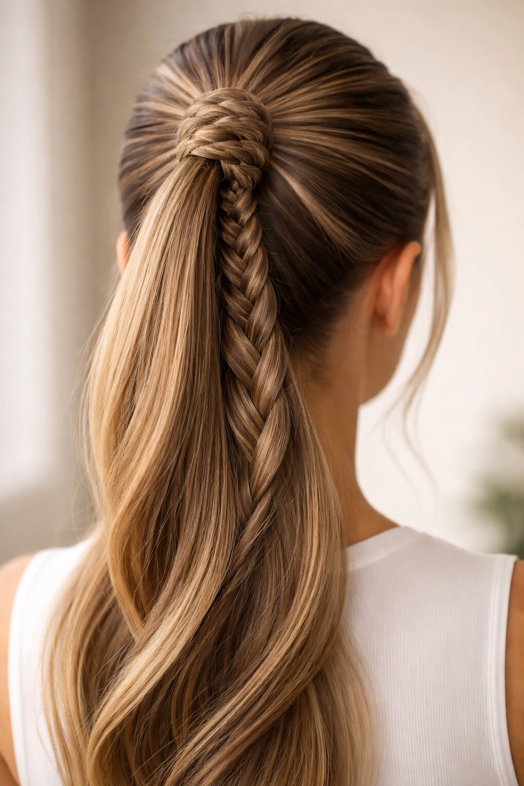 Braided double weave ponytail with a wrapped braided section
