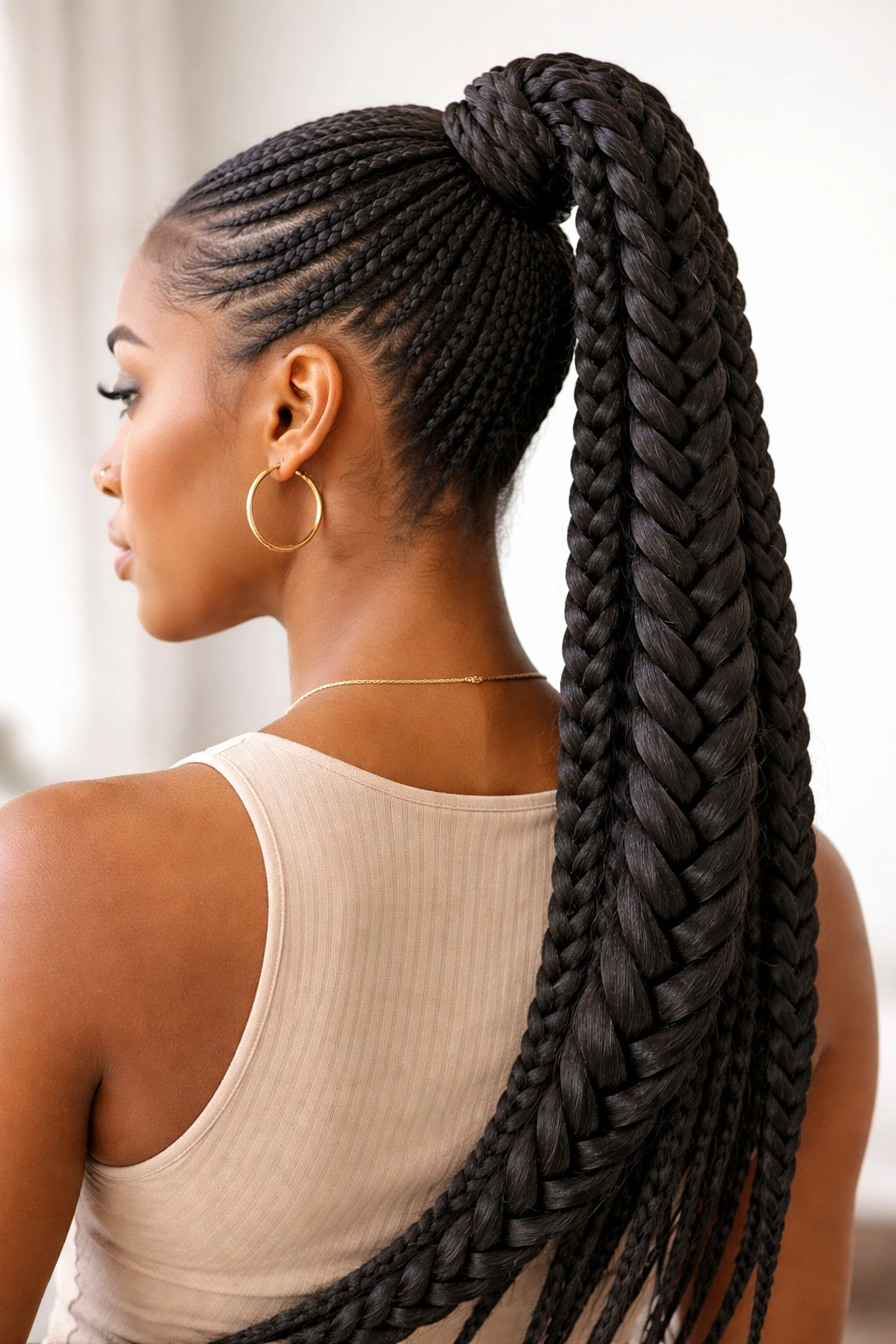 Ponytail with inner braid along the tail for layered texture