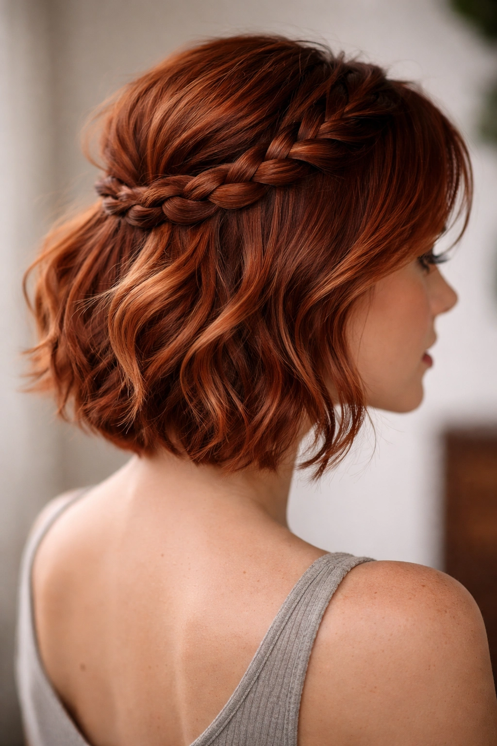 Short red hair with braid wrapping around the crown in half-up