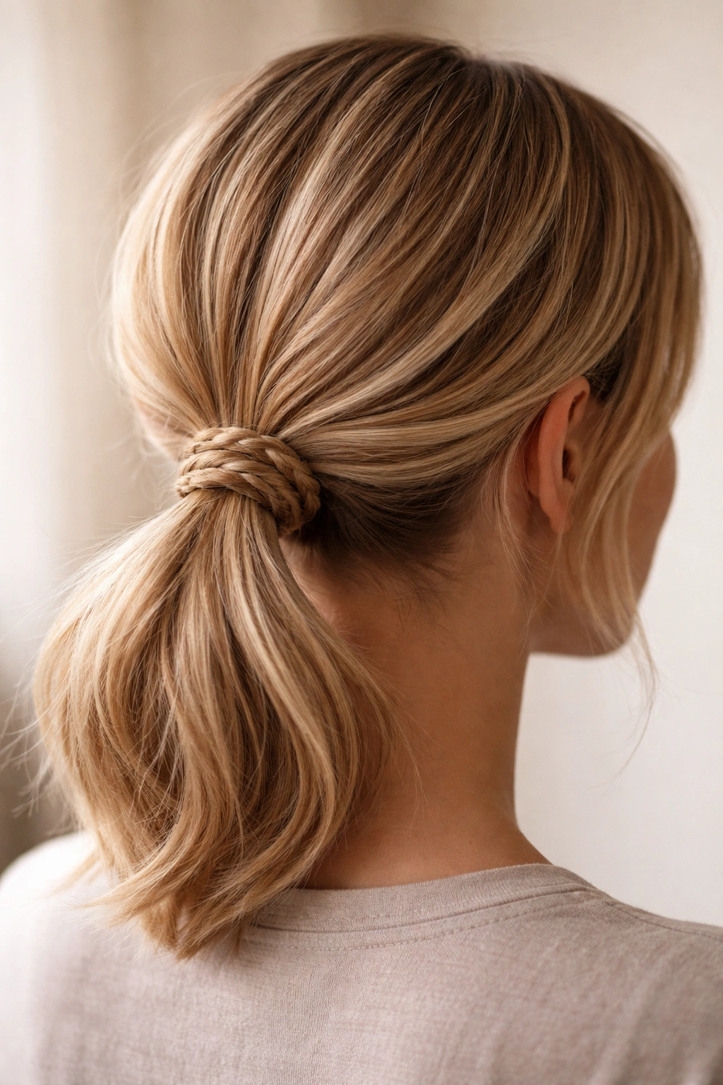 Low ponytail with braid wrap around the base