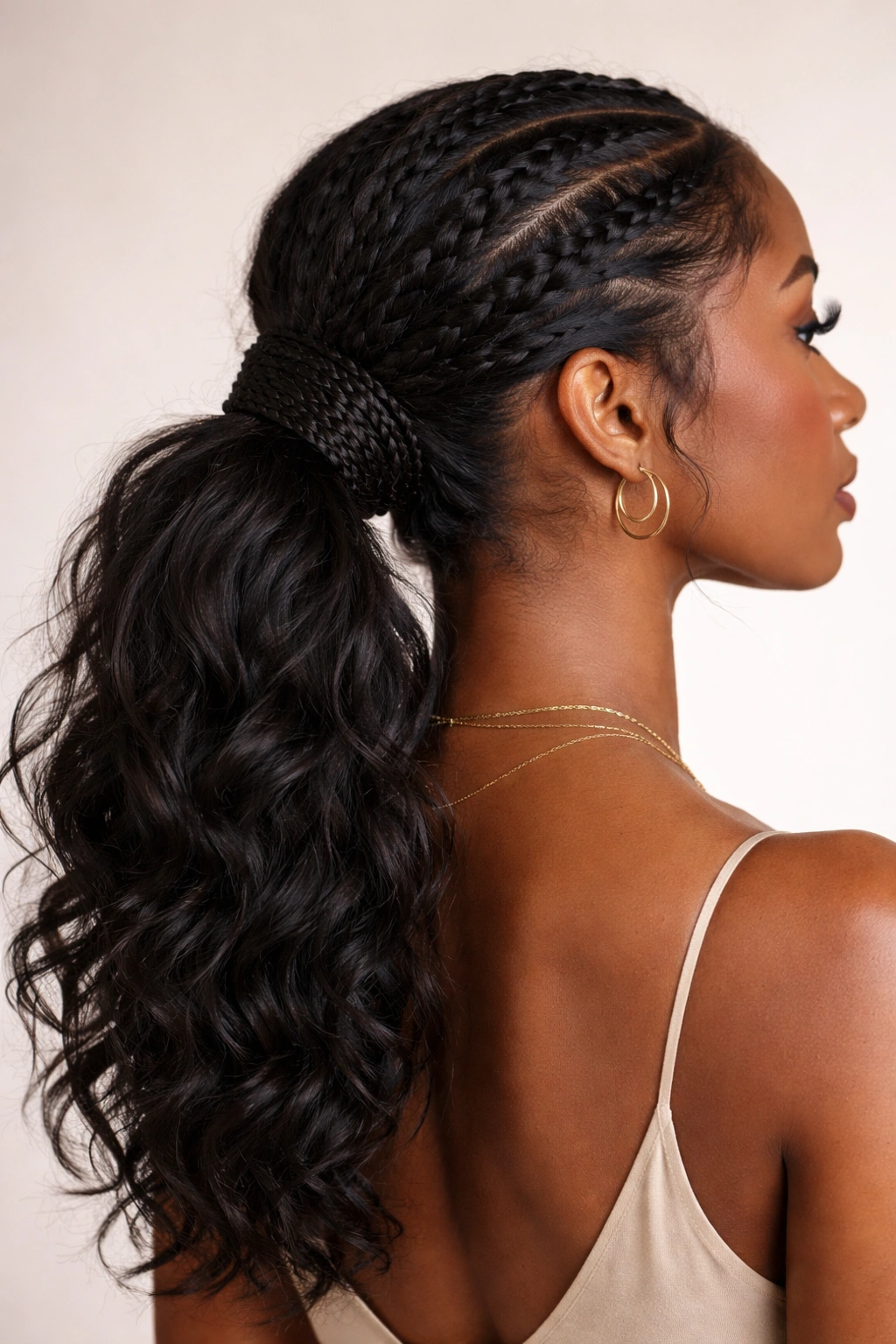 Low ponytail at the nape with braids wrapped around the base