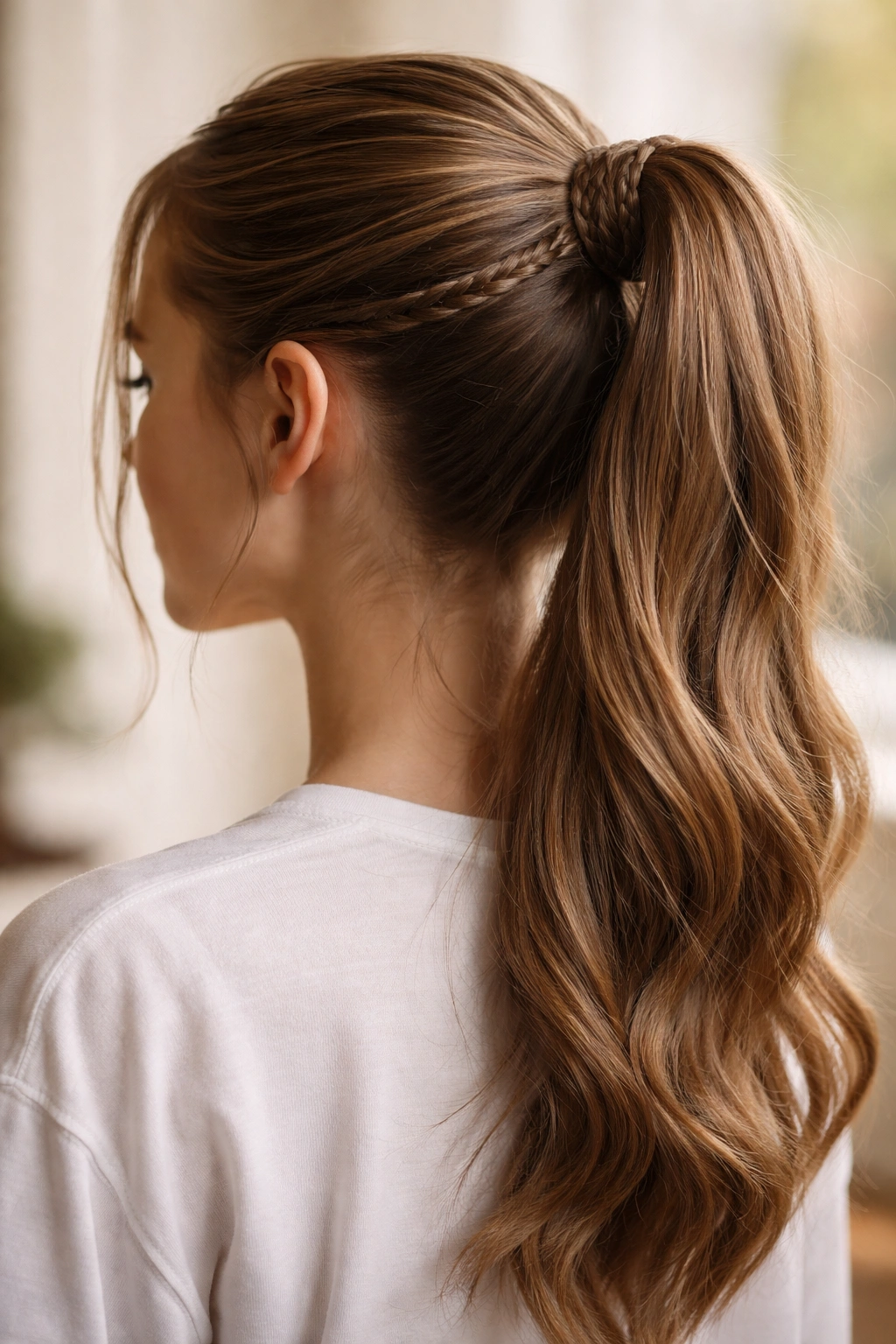 Ponytail with two small braids wrapped around the base