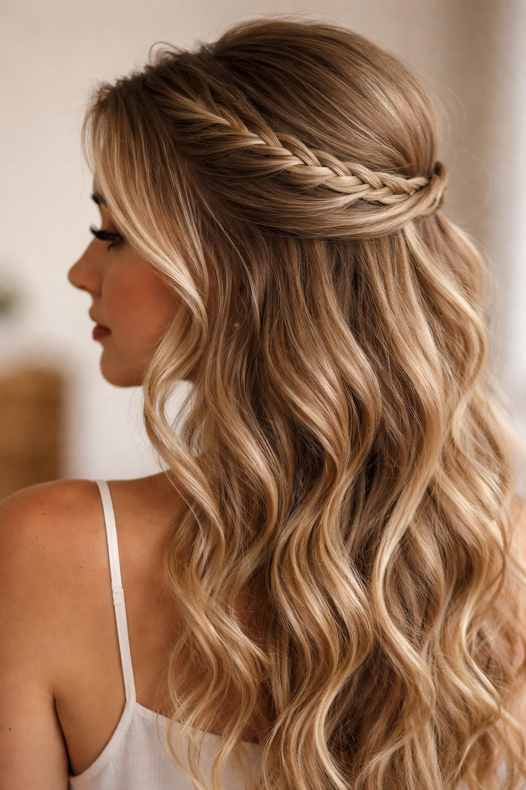 Swoop with a visible thin French braid integrated into the hairstyle.