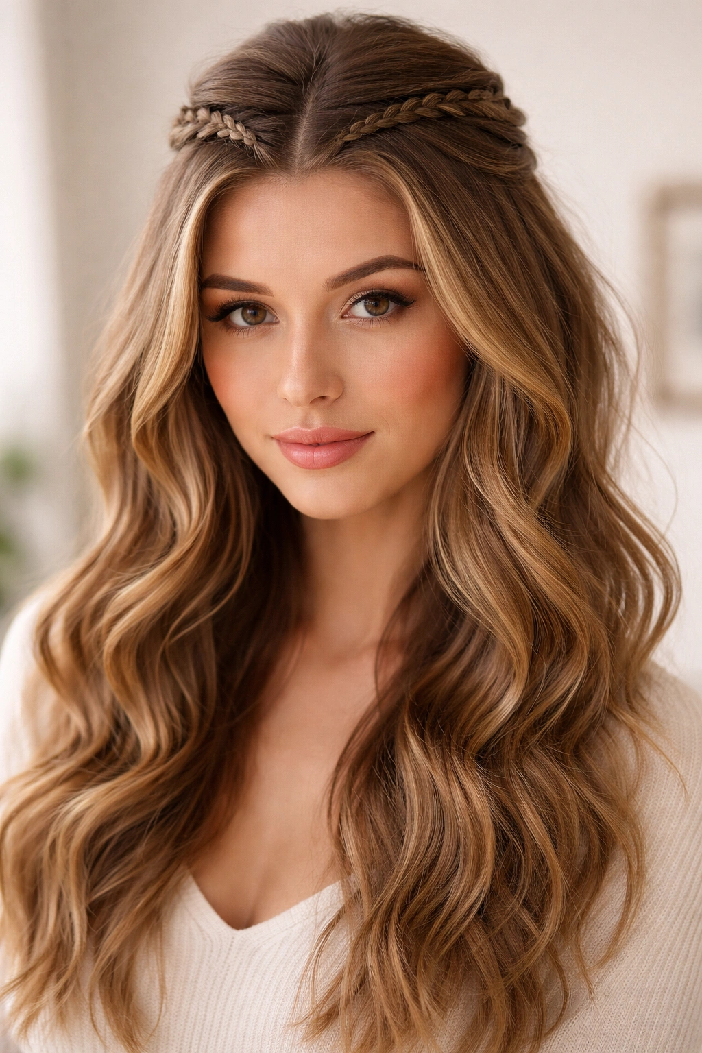 Subtle braided accents at the crown with voluminous waves