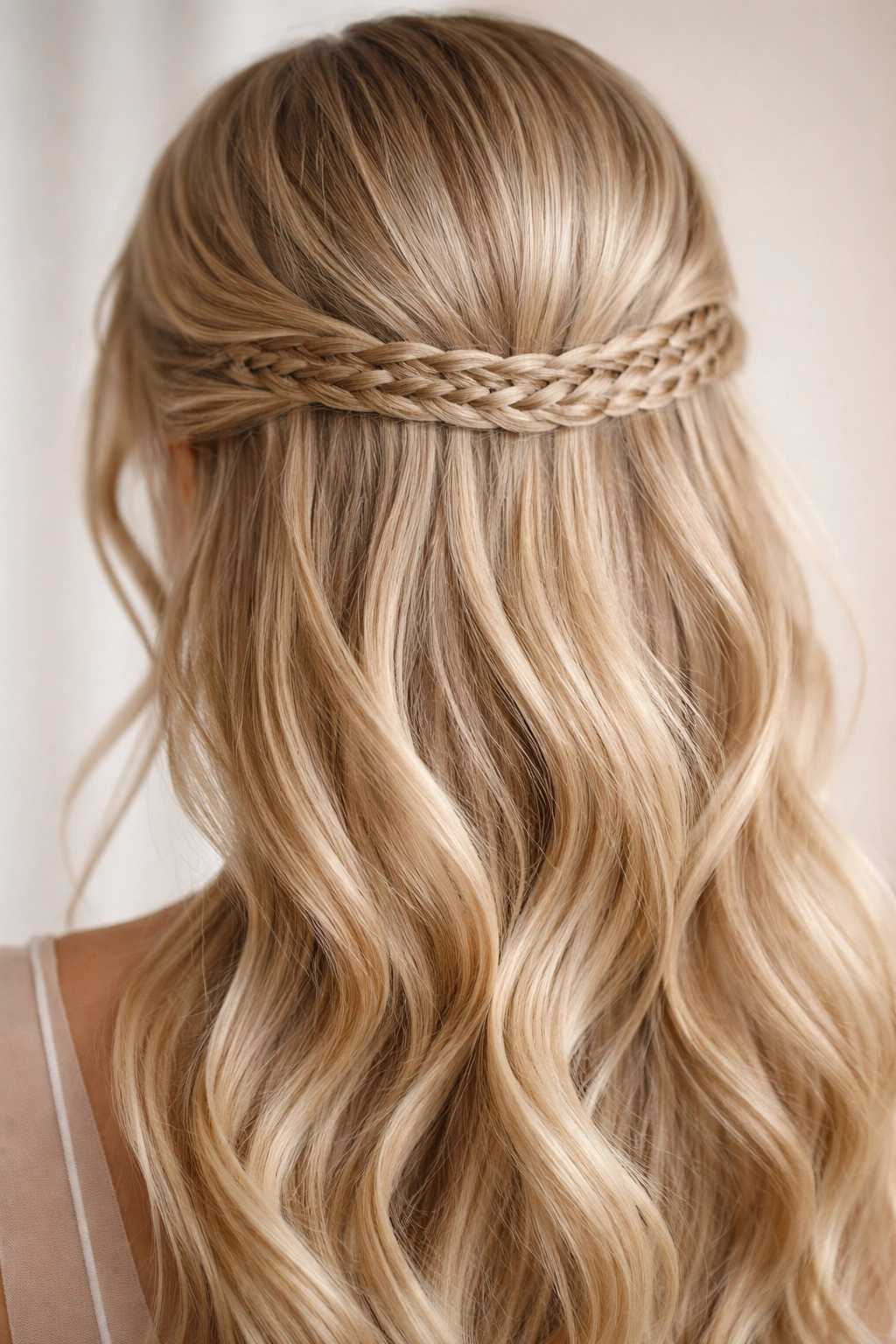 Close-up of a blonde hairstyle featuring a lace-like braided band across the back