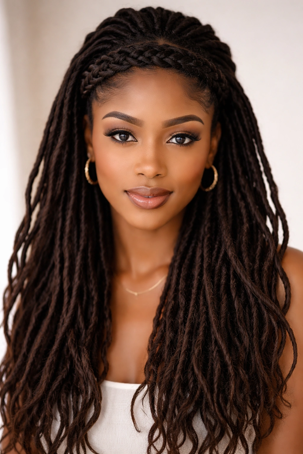 Braided band across the crown with loose locs below