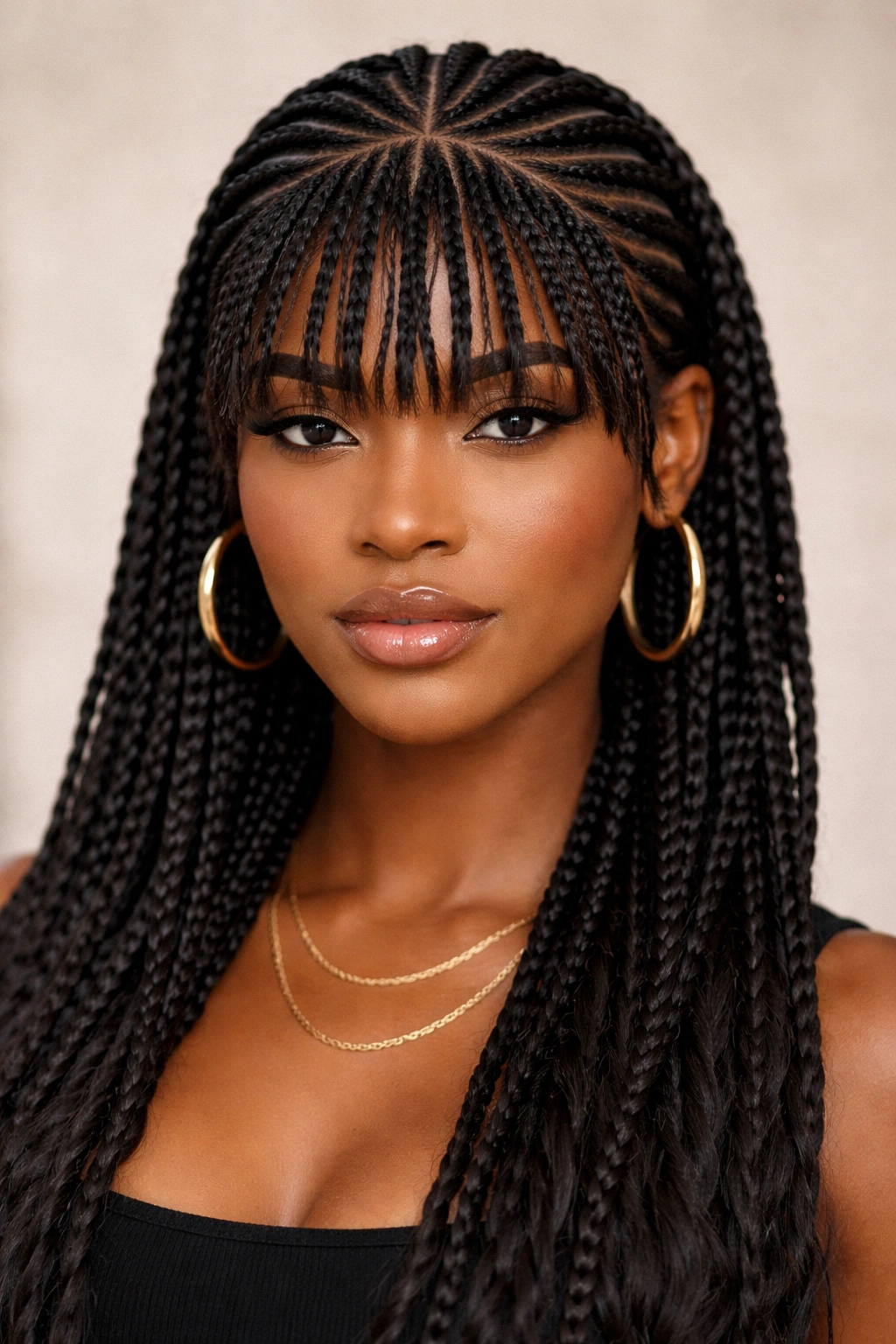 Braided bangs integrated into cornrows on Black hair