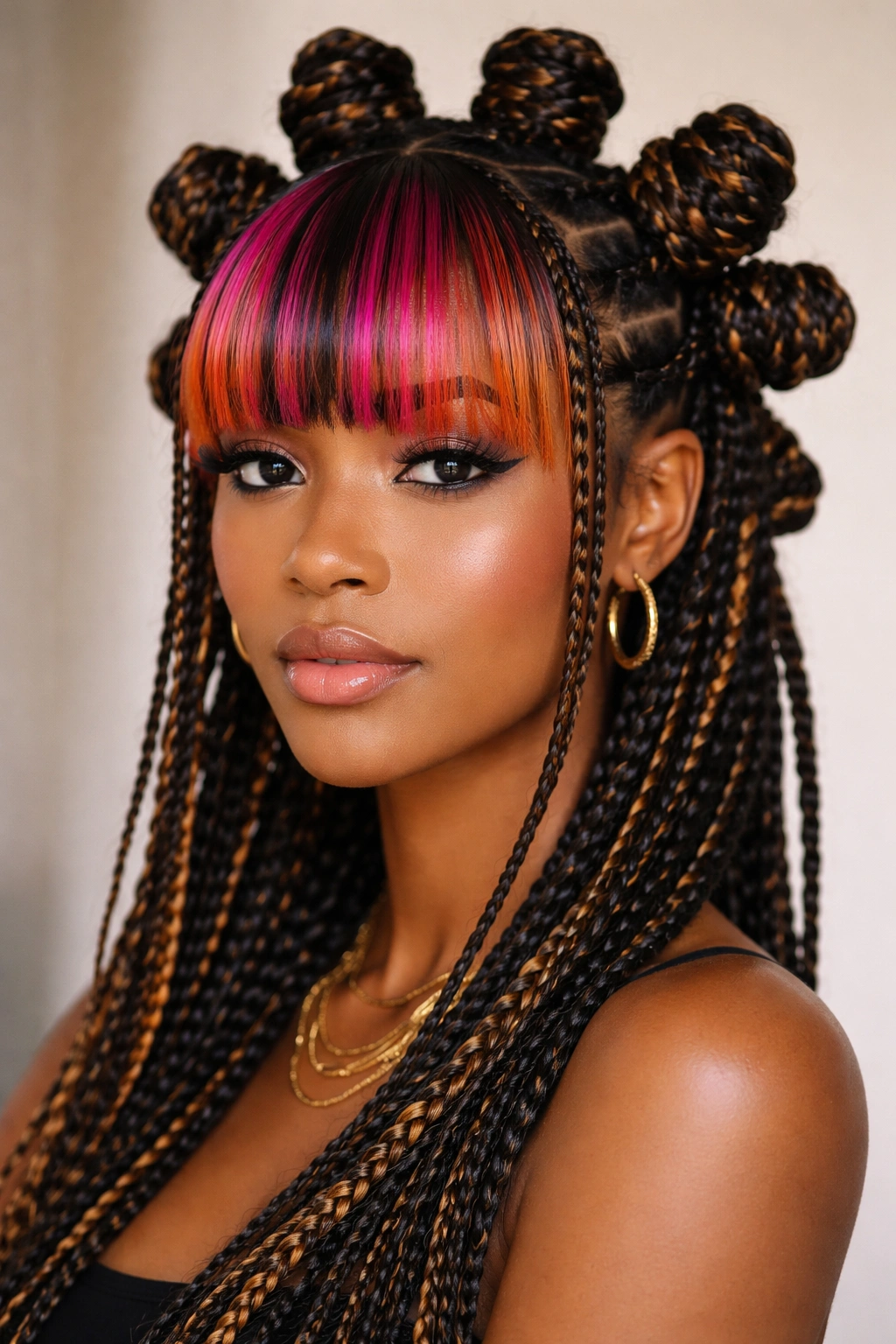 Braided bantu knots with contrasting colored bangs