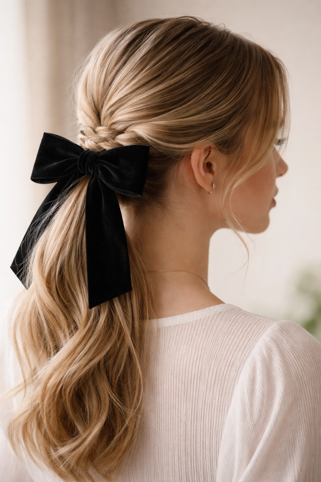 Low ponytail with braided base and bow detail