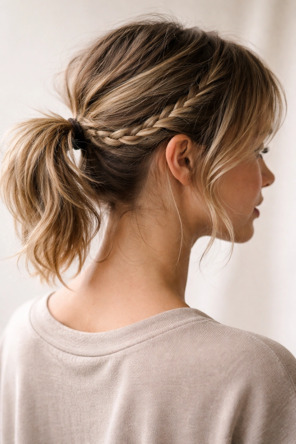 Short hair with a small detail braid at the crown integrated into a ponytail