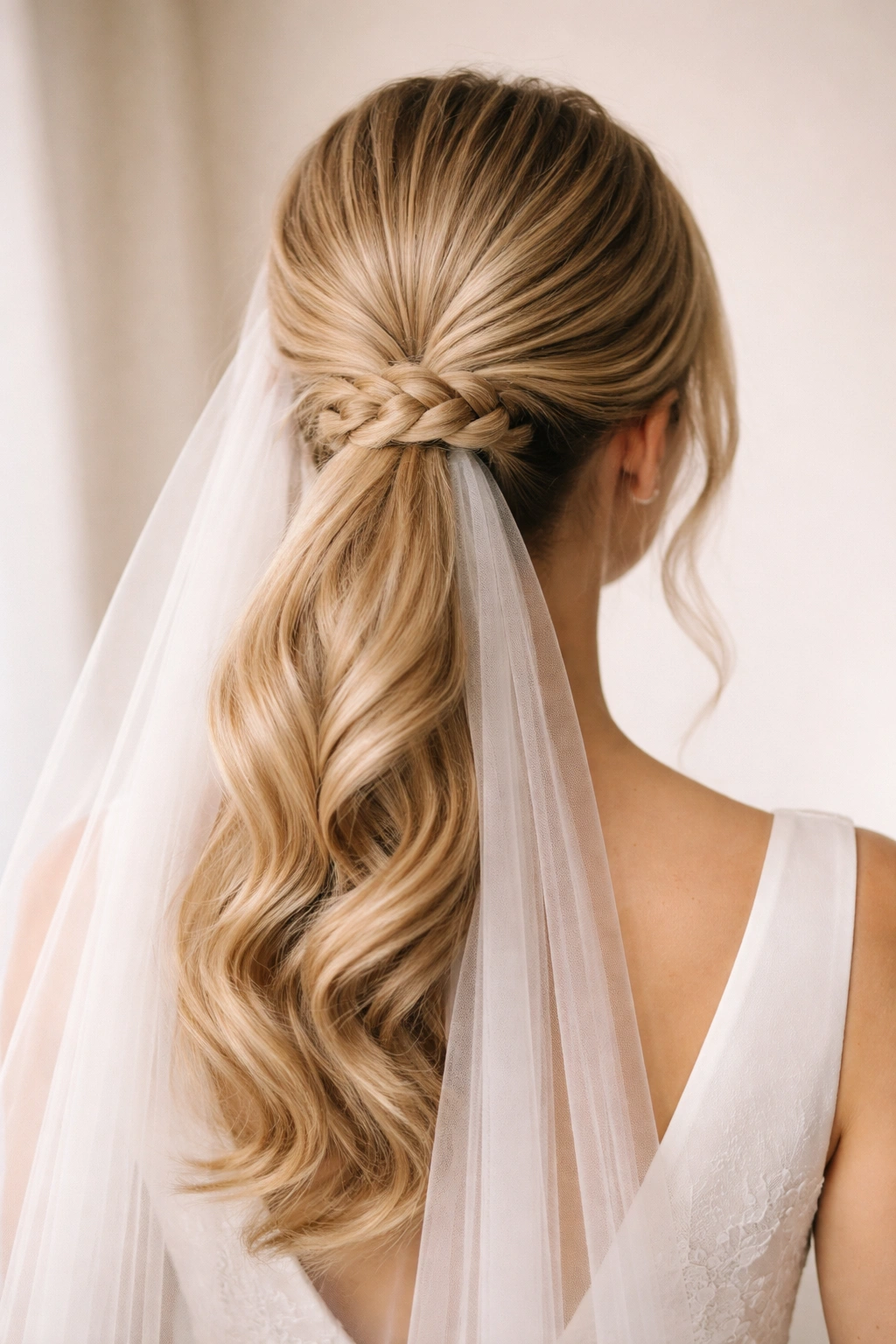 Back view of braided base ponytail with veil anchor