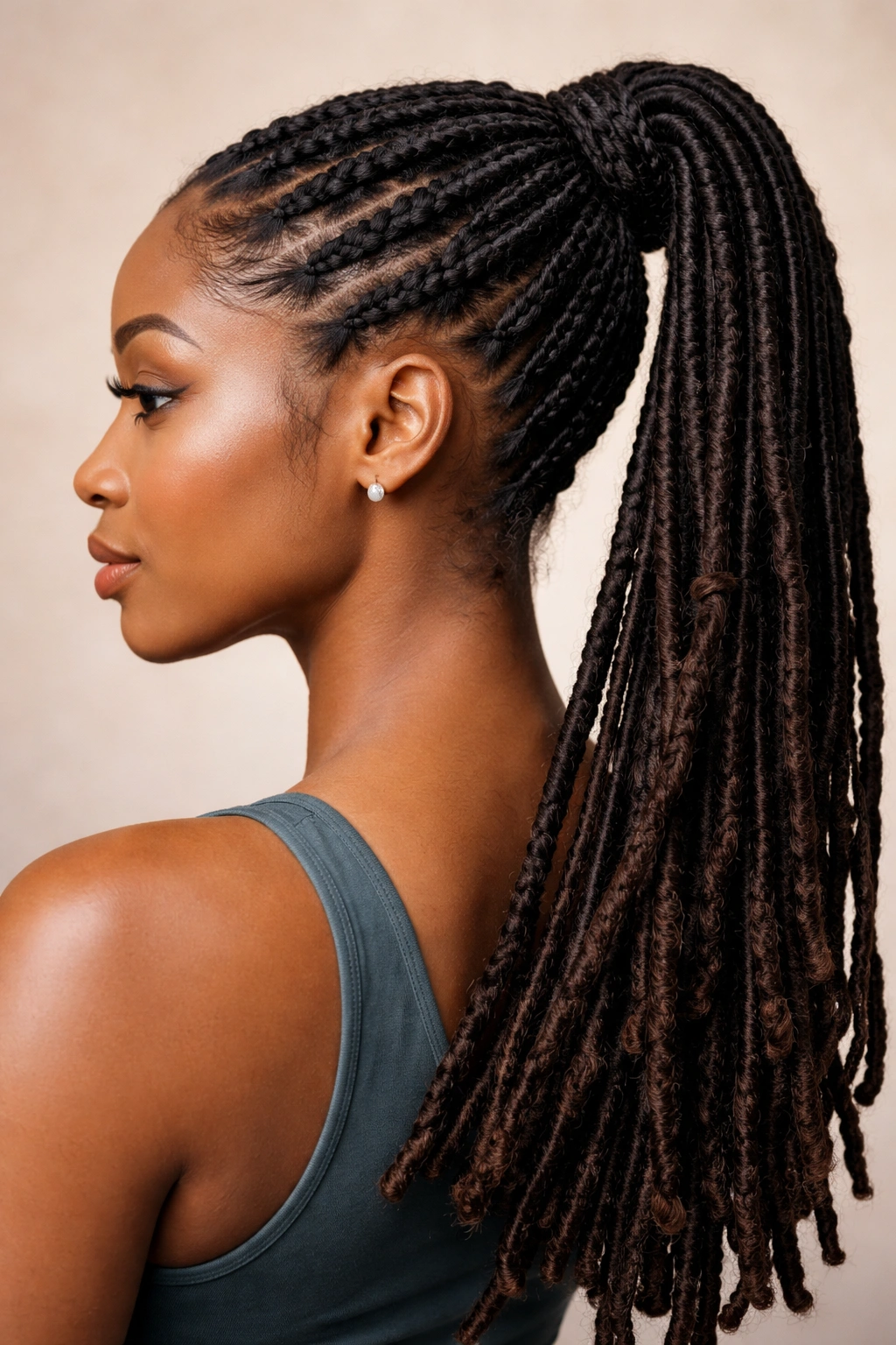 Close-up of braided base ponytail showing multiple braids at the base